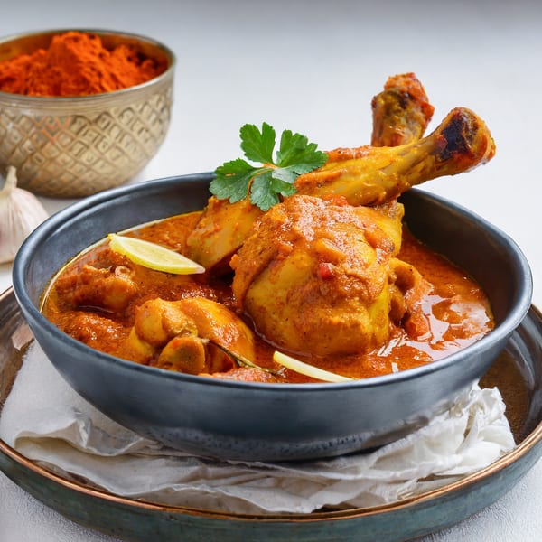 Tandoor Restaurant's chicken curry in a black bowl, garnished with cilantro and lemon.