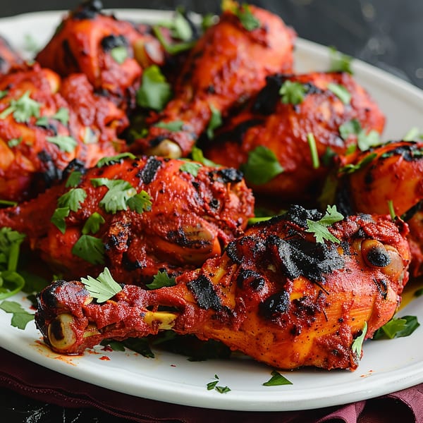 A platter of Tandoor Restaurant's vibrant red Tandoori chicken drumsticks, garnished with fresh cilantro.